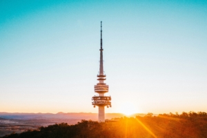 Radio communications tower against the sunset