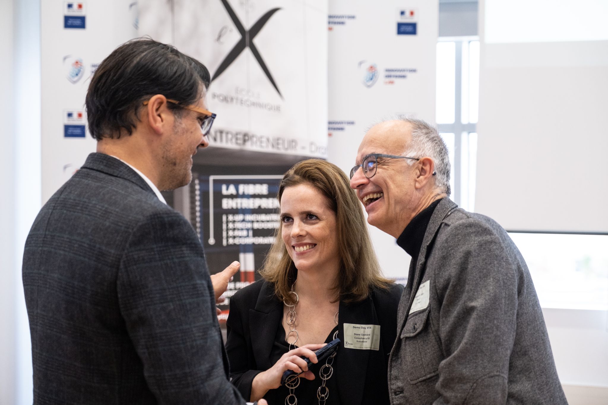 Diane with Bruno Cattan and Philippe Baud at a demo day at Polytechnique, in 2023.