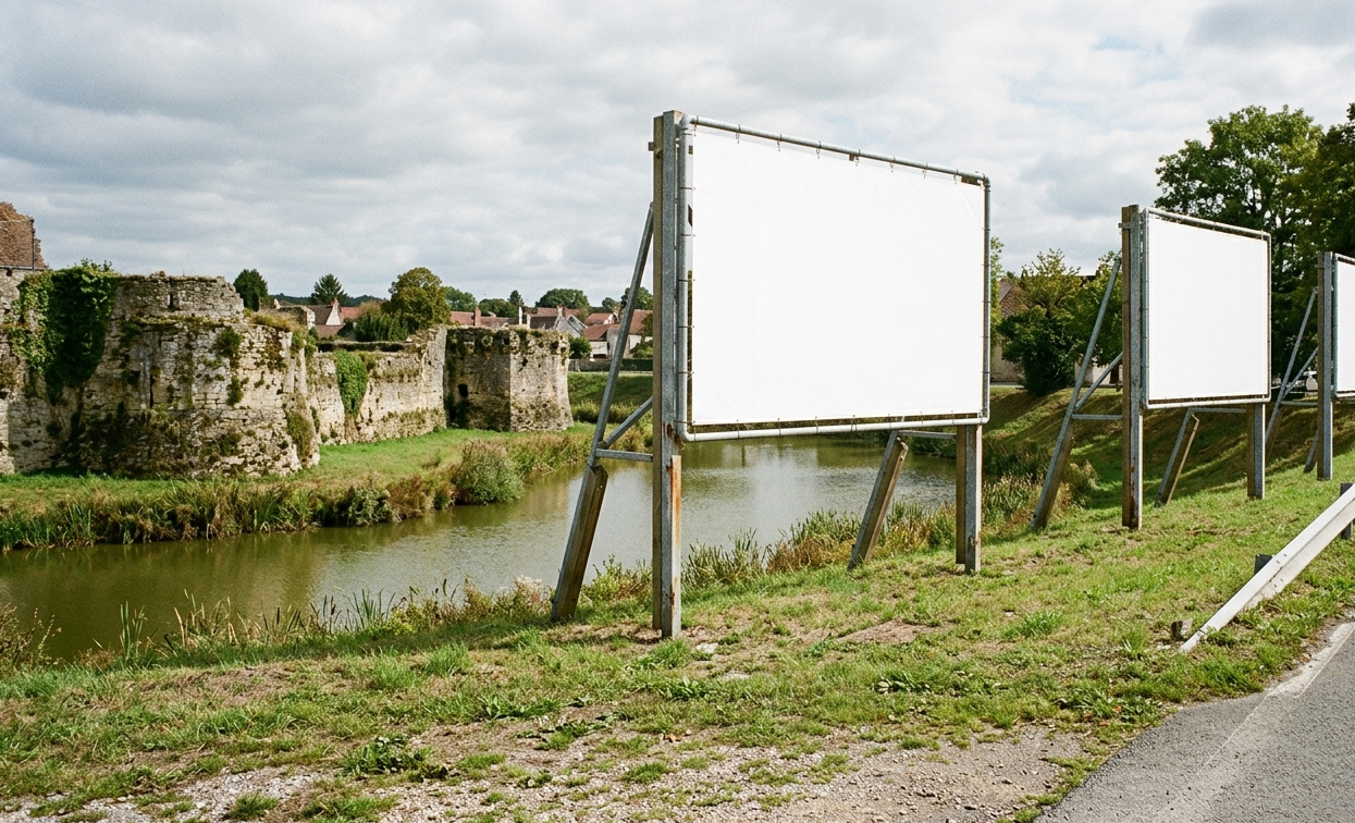 AI generated image of billboards standing in a moat in front of a fortress / castle.