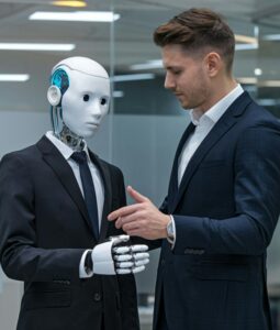 A man shakes hands with a robot. Working with robots in the future — the role of artificial intelligence?